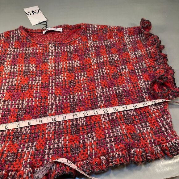 Zara Cropped Blouse Plaid Tweed Sweater Top Womens Knit Ruffled Sleeves Wool - Picture 14 of 16